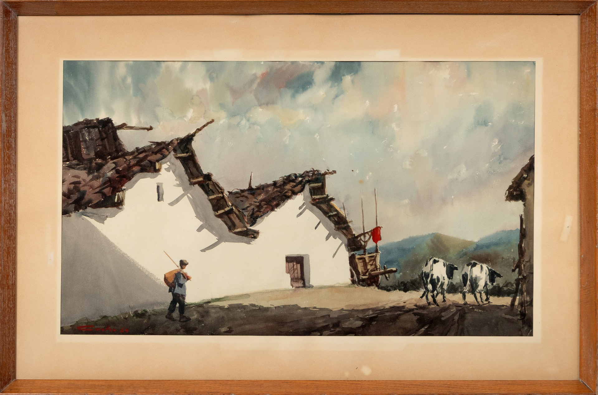Paisaje con casas, aldeano y vacas